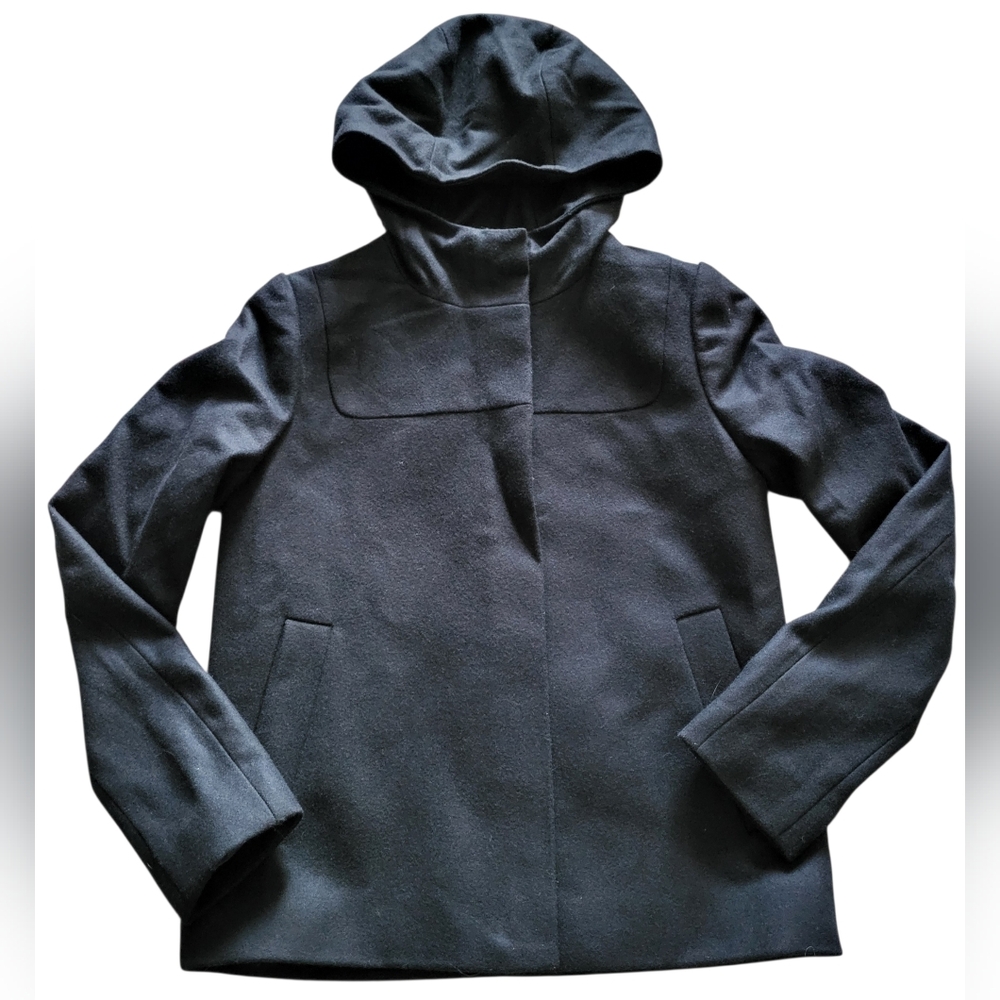 New With Tag J.Crew Jacket Womens Sz 0 Black Melton Wool Blend Full Zip Hooded